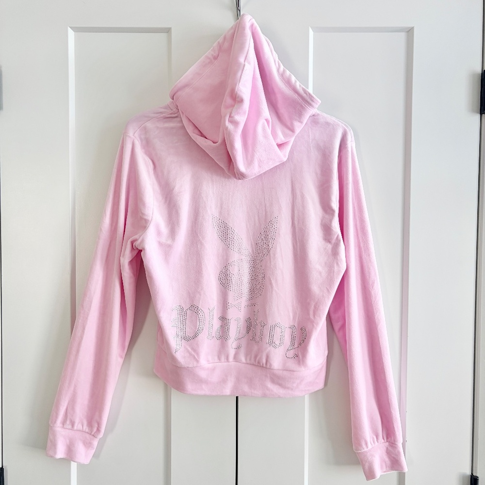 Playboy, Zip Up, Hoodie, Pink, Rhinestone, Velour, Loungewear, Size M, NEW - Picture 3 of 16